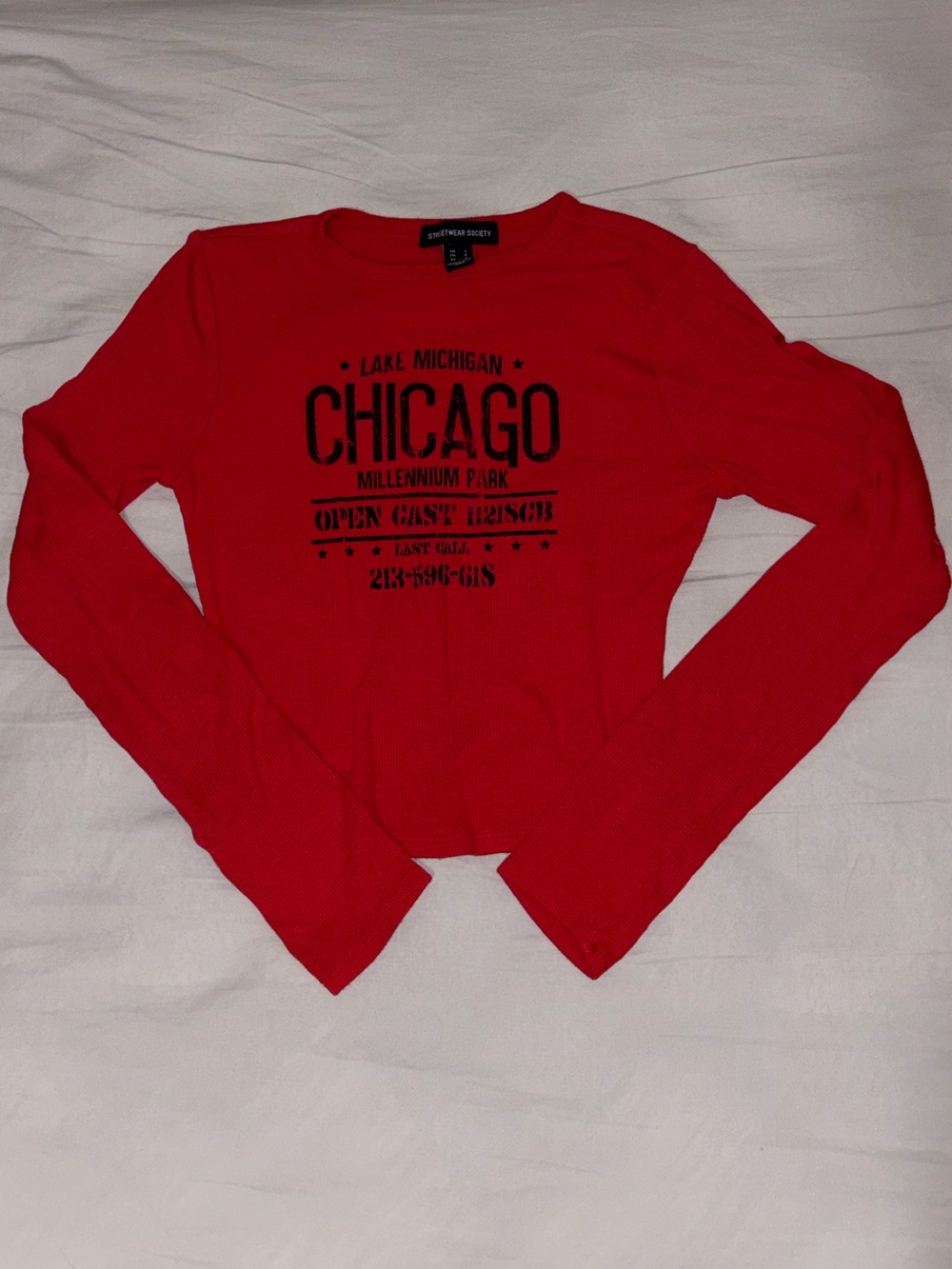 Women’s Red Graphic Ribbed Long Sleeve Top